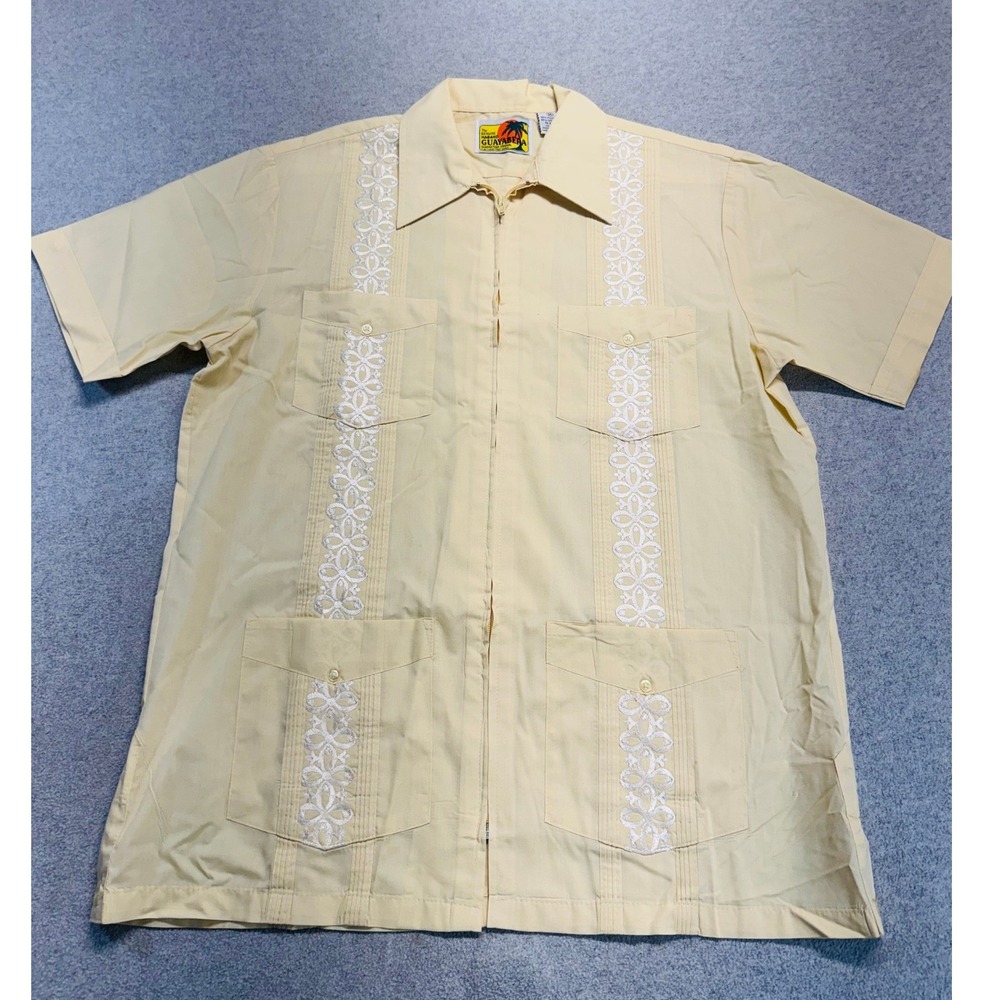 Vintage Haband Guayabera Shirt Mens M Light Yellow 4 Pocket Embroidered Cuban